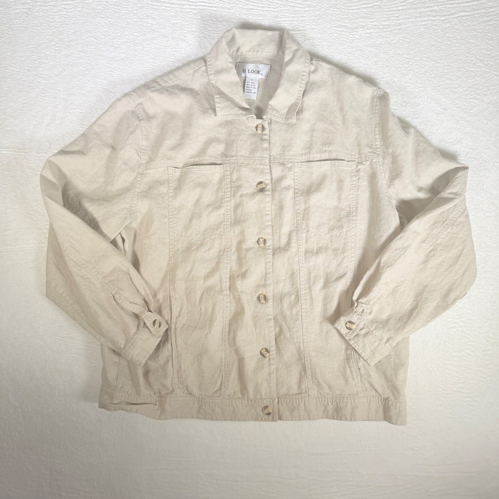 H LOOK Linen Blend Button Front Casual Jacket Beige Size L Chic Effortless Style